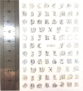 Nail Stickers - Alphabet, Old English, "Silver" (XF3262 Flower)