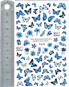 Nail Stickers - Butterflies and Flowers, Blue (F679 HQNO)