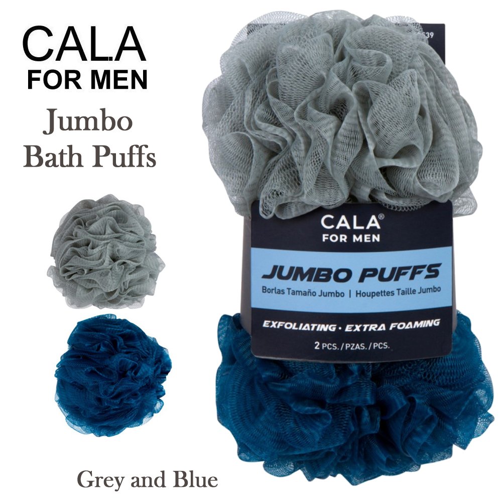 Cala for Men Jumbo Bath Puffs, Grey and Blue (69539)