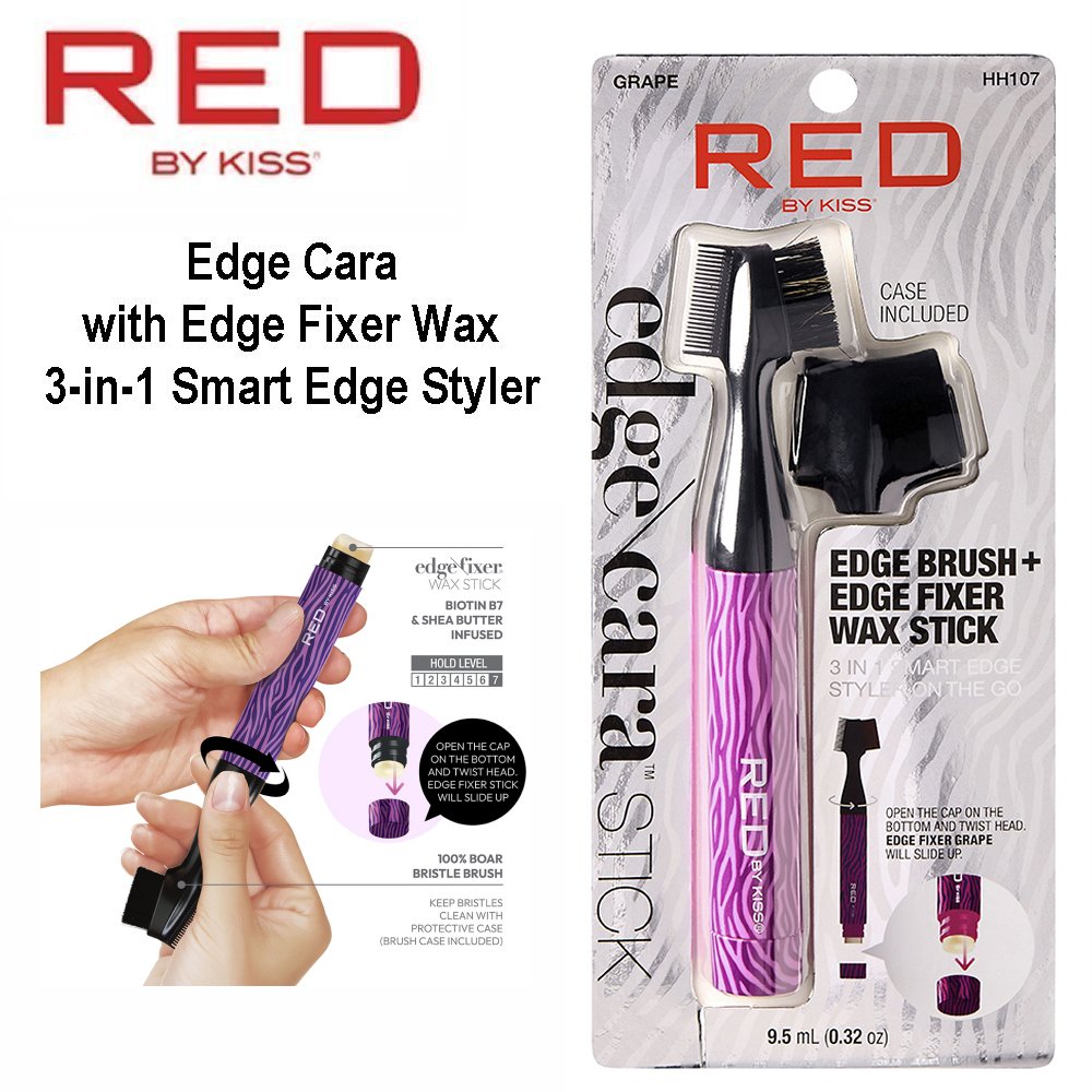Red by Kiss Brush, Edge Cara with Edge Fixer Wax 3-in-1 Smart Edge Styler, Very Cherry (HH107)