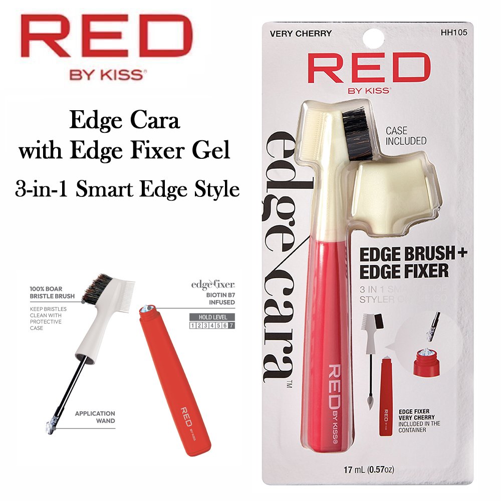 Red by Kiss Brush, Edge Cara with Edge Fixer Gel 3-in-1 Smart Edge Styler, Very Cherry (HH105)