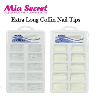 Mia Secret Nail Tips, Extra Long Coffin 100 Count Nail Tips (Clear and Natural)