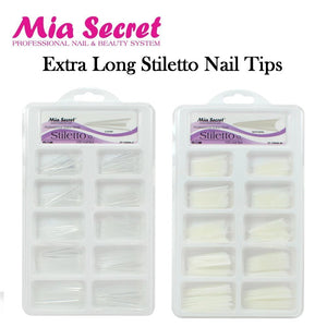 Mia Secret Nail Tips, Extra Long Stiletto 100 Count Nail Tips (Clear and Natural)