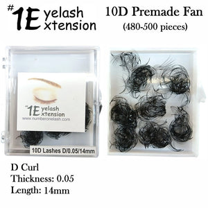 #1 Eyelash 10D Premade Fan, "D Curl" 0.05 Thickness, 14mm Length (480-500 pieces)