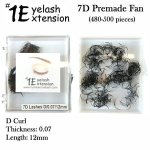 #1 Eyelash 7D Premade Fan, "D Curl" 0.07 Thickness, 12mm Length (480-500 pieces)