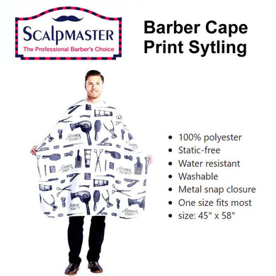 ScalpMaster Barber Cape, White with Barber Tools Print Styling (4132)