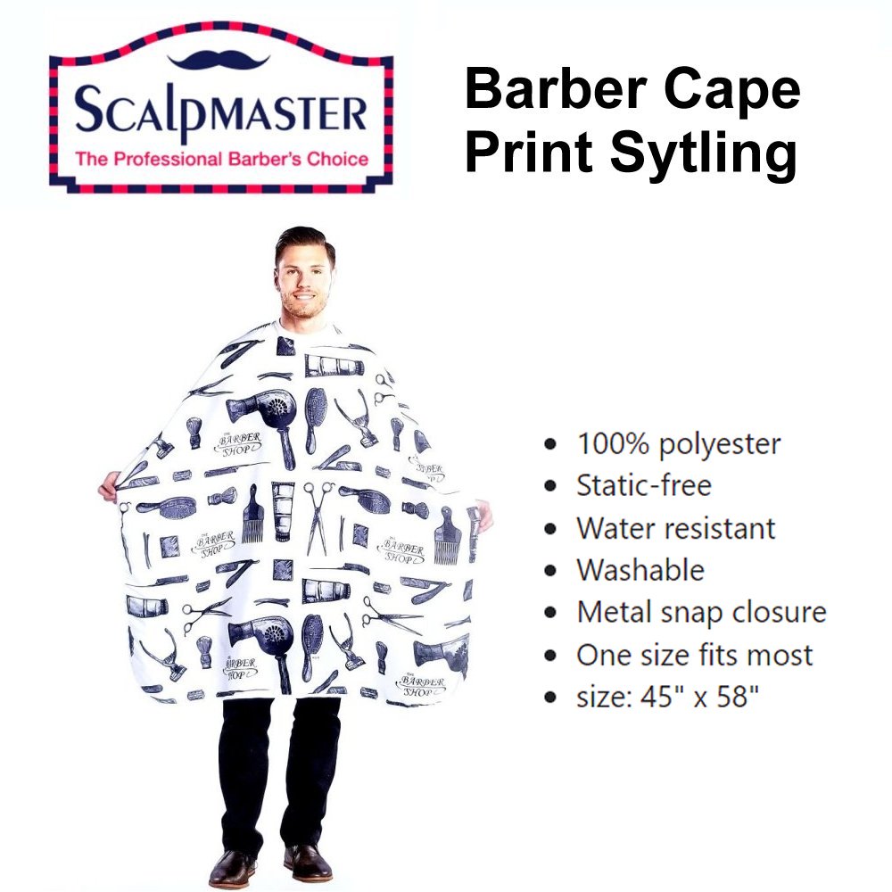 ScalpMaster Barber Cape, white with barber tools print styling (4132)