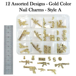 Nail Charms - 12 Assorted Designs Gold Colored Nail Charms (Style A)