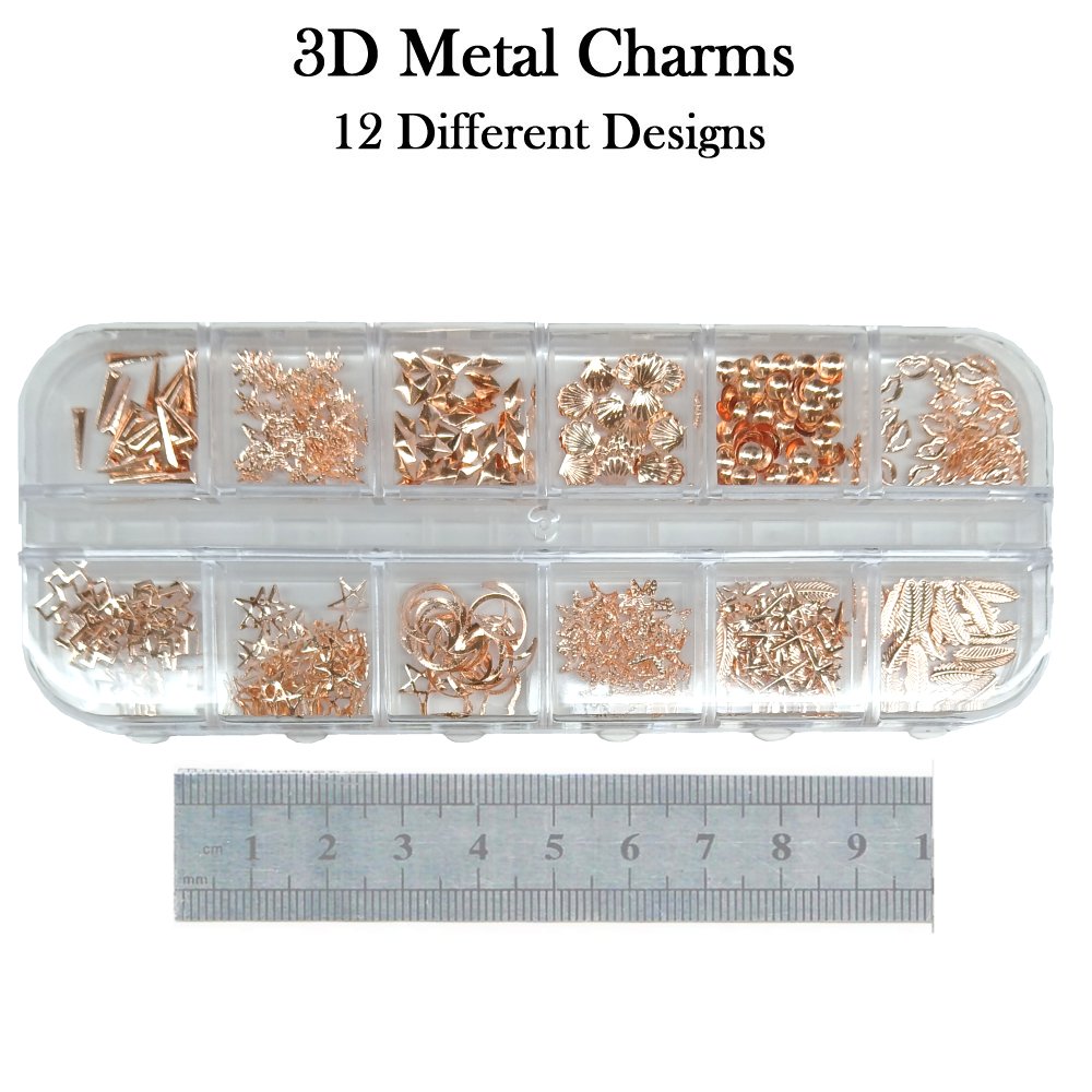 Nail Charms - 3D Metal Nail Charms - 12 Assorted Designs (rose gold seashells, crosses and more)