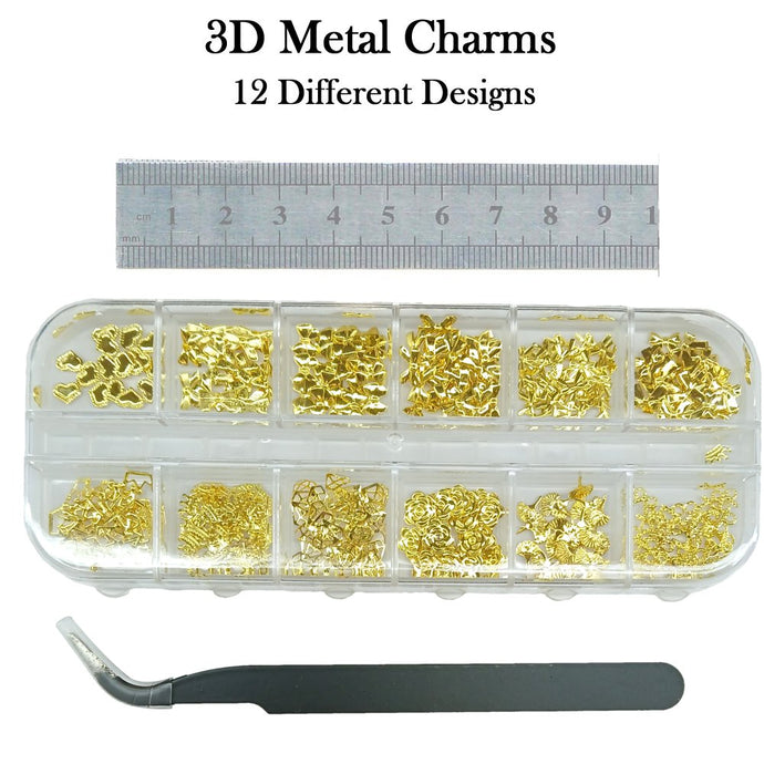 Nail Charms - 3D Metal Nail Charms - 12 Assorted Designs (Flowers, bows, hearts and more))