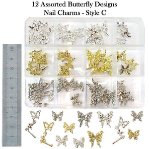 Nail Charms - 12 Assorted Butterfly Designs, Gold and Silver Colored Nail Charms (Style C)