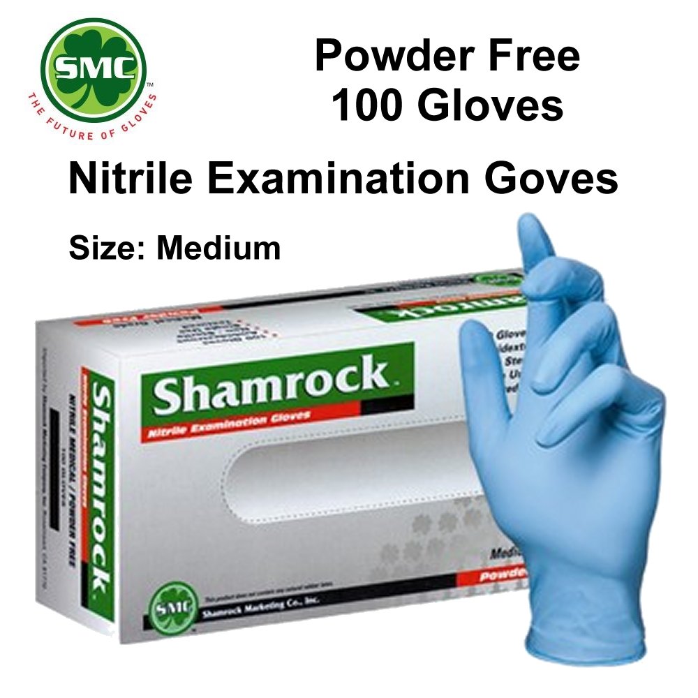 Shamrock Nitrile Examination Gloves, Medium (Powder Free) - 100 Gloves per Box