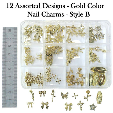 Nail Charms - 12 Assorted Designs Gold Colored Nail Charms (Style B)