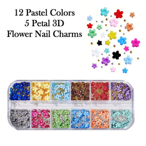 Nail Charms - 12 Pastel Colors 5 Petal 3D Flower Nail Charms